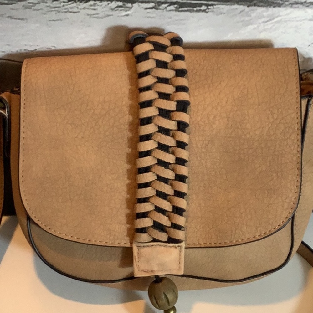 T-Shirt & Jeans Vegan Tan Braided Tassel Adjustable Strap Crossbody Bag - Picture 2 of 10